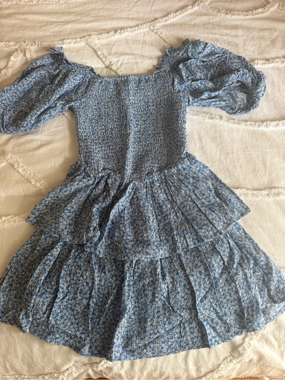 Smocked Blue Floral Mini Dress with Puff Sleeves